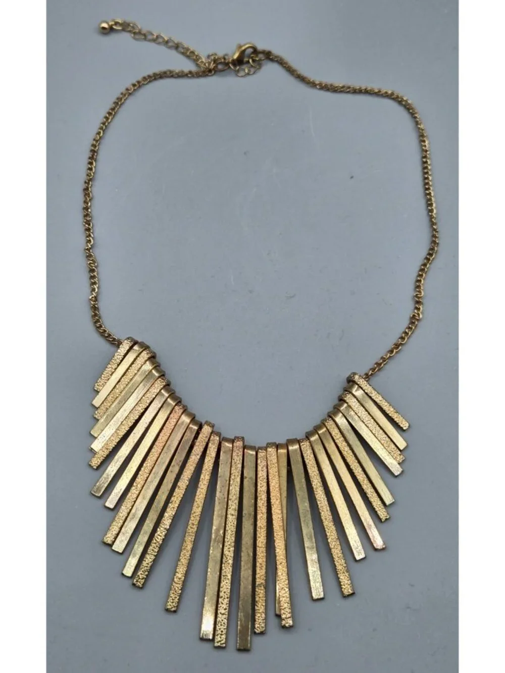Multi Gold Tone Necklace Metal Sticks Fringes Fancy Bib 16 in with 3 in Extender - Picture 2 of 5